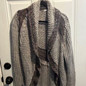 CAbi Chunky Shawl Collar Cardigan in Gray with Brown Trim